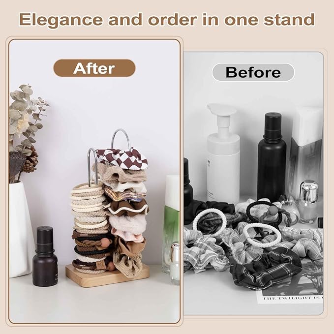 SCUNDA 2-Tier Hair Tie Organizer, Modern Scrunchies Storage Tower Holds 50-70 Hair Accessories, Claw Clip Holder, Fashion Countertop Display Stand for Women & Girls(Natural)