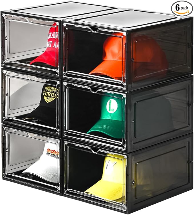 Hat Organizer Box,Stackable Clear Baseball Caps Holder Box Containers with Magnetic Door for Hats Snapback Cap Storage,Clear Hat Storage with Magnetic Door, Holds 60 Hats(black clear, 6 pack)