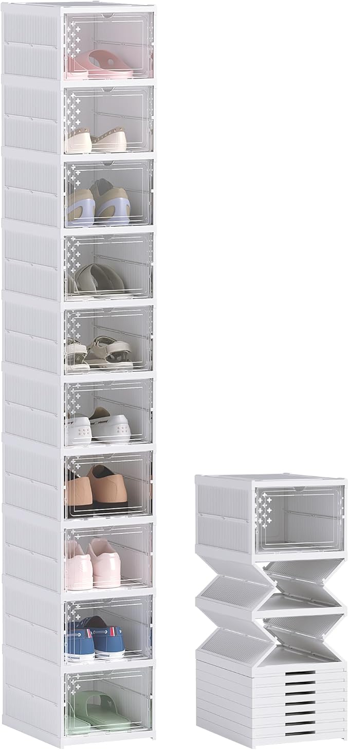 HOMCOM 10 Pack Foldable Shoe Organizer, Plastic No Assembly Stackable Shoe Storage Box with Clear Door, Space Saving, Fit up to US Size 10, White