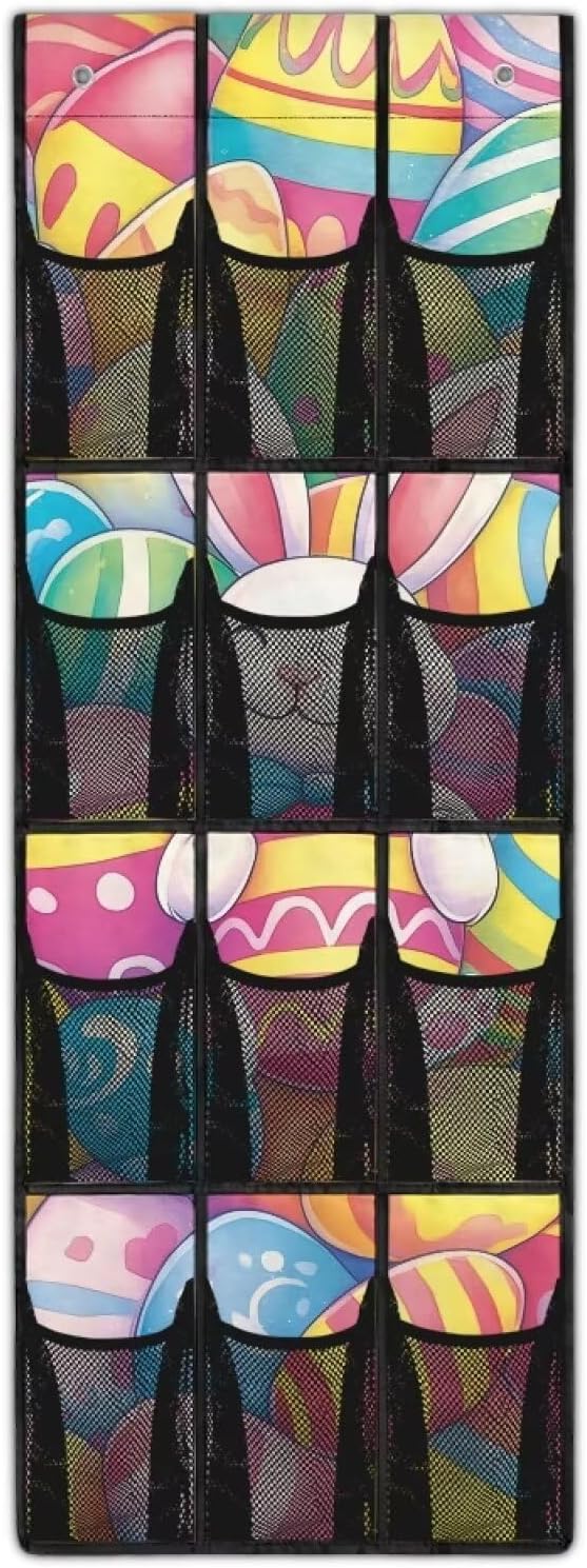 Large Capacity 12-Pocket Behind The Door Hanging Organizer, Oxford Fabric Waterproof Foldable Storage Bag for Bathroom Bedroom Pantry, Easter Bunny Eggs