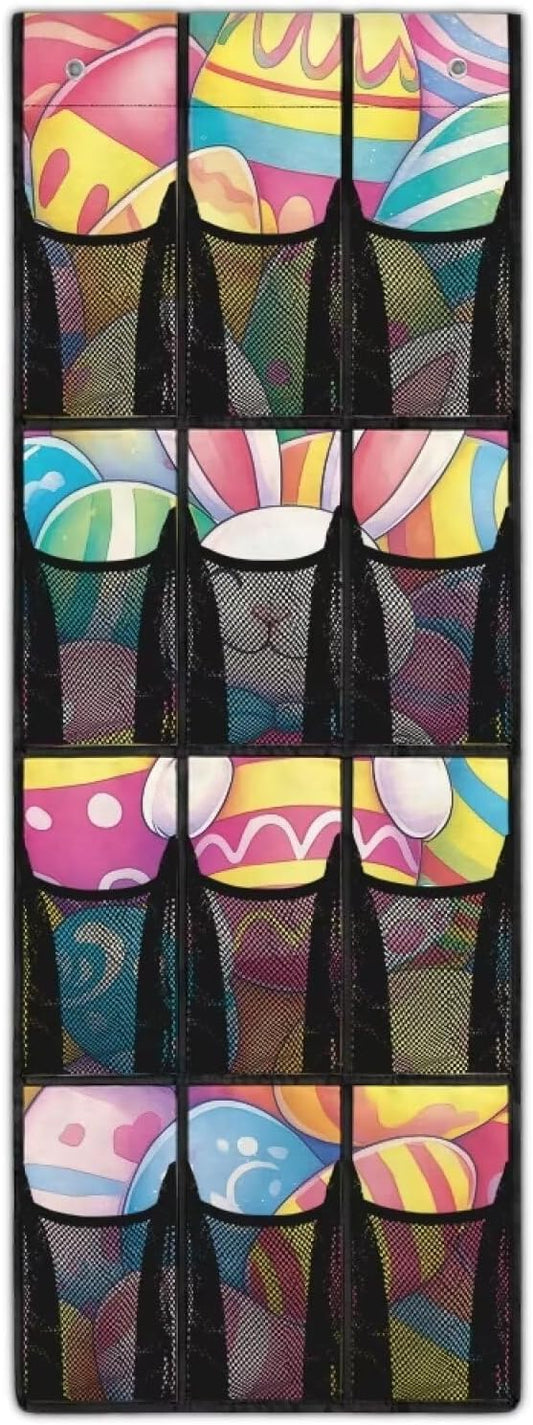 Large Capacity 12-Pocket Behind The Door Hanging Organizer, Oxford Fabric Waterproof Foldable Storage Bag for Bathroom Bedroom Pantry, Easter Bunny Eggs