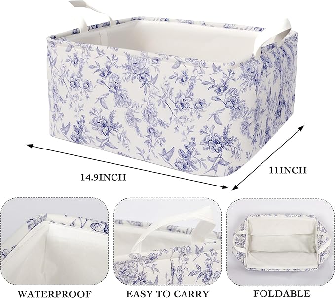 Blue Floral Storage Basket, Kids Large Flowers Storage Bins Box with Handles, Girls Shelf Basket Ideal for Room Nursery Decor, Books, Organizing Clothes, Toys (Blue floral)
