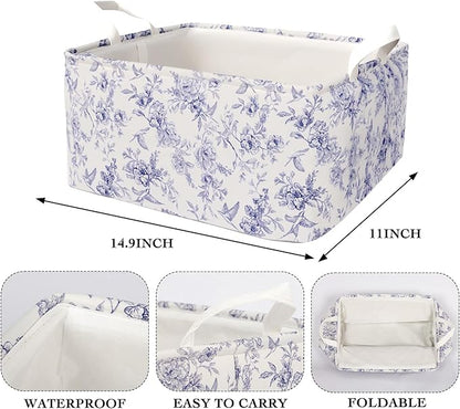 Blue Floral Storage Basket, Kids Large Flowers Storage Bins Box with Handles, Girls Shelf Basket Ideal for Room Nursery Decor, Books, Organizing Clothes, Toys (Blue floral)
