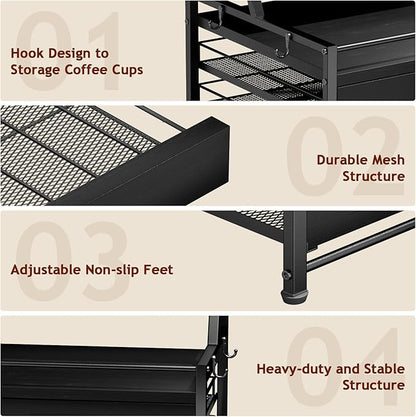 Homsorout Coffee Syrup Rack Organizer - 4-Tier 8 Syrup Wine Bottles Stand with 82 Storage Drawer for K Cups, Coffee Pod Holder for Countertop, Bar Station, Kitchen, Black