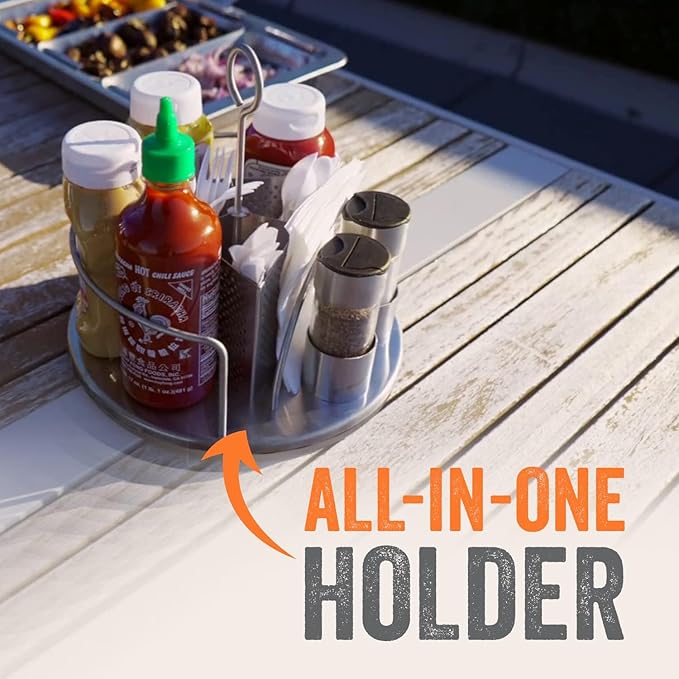 Yukon Glory Stainless Steel Rotating Condiment Caddy, Lazy Susan Utensil Caddy with Napkin Holder, BBQ Grill Caddy for Outdoor Patio Table & Picnic
