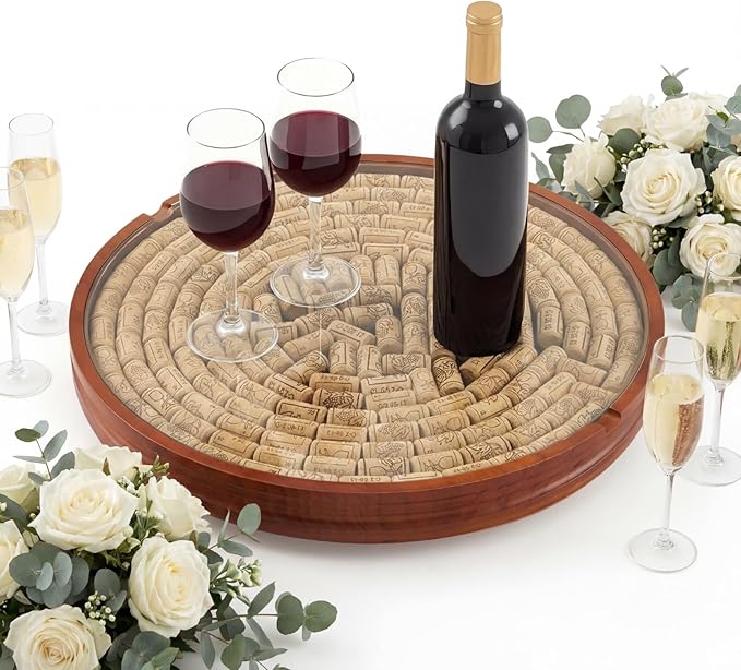 Maxdot Wine Cork Holder Decorative Wine Lover Creative Wedding Gifts for Couples Wooden Lazy Susan for Countertop with Glass Protective Cover Can Store 130 Corks Stoppers Display Bar Table Centerpiece