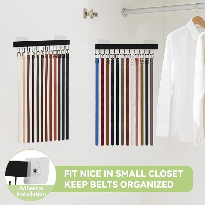 Belt Hanger Wall Mount, Adhesive Wooden Closet Belt Organizer with 24 Metal Hooks, Large Capacity, 2 Installation Options, Black, 2 Pcs