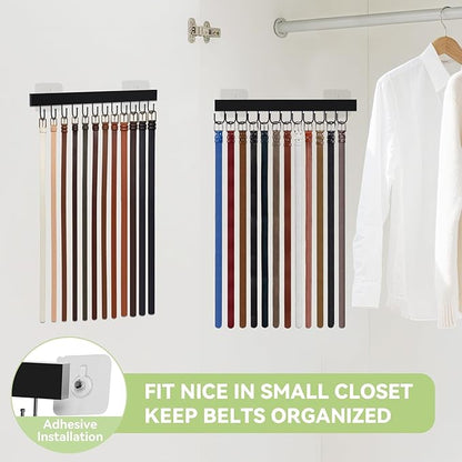 Belt Hanger Wall Mount, Adhesive Wooden Closet Belt Organizer with 24 Metal Hooks, Large Capacity, 2 Installation Options, Black, 2 Pcs