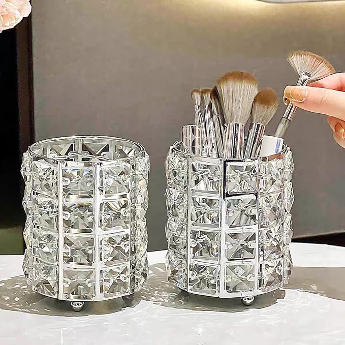 Silver Crystal Makeup Brushes Holder Organizer for Cosmetics Comb Brushes, Eyebrow Pen Pencil Storage Case Container, Silver