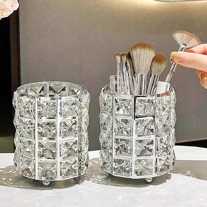 Silver Crystal Makeup Brushes Holder Organizer for Cosmetics Comb Brushes, Eyebrow Pen Pencil Storage Case Container, Silver