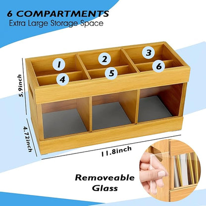 2 in 1 Kitchen Utensil Holder with Over Sink Dish Drying Rack, Bamboo Utensil Holder for Kitchen Countertop – Large Cooking Utensil Organizer & Silverware Caddy with 6 Compartments with Drying Stone