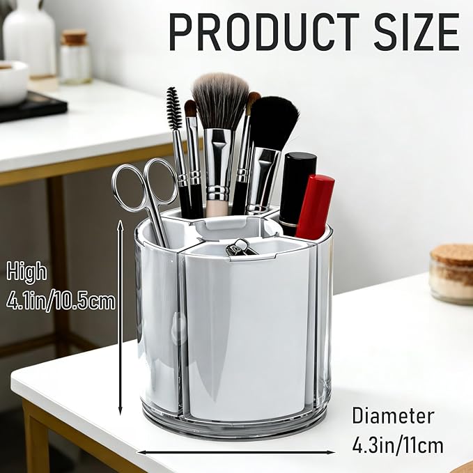 Rotating Makeup Organizer Countertop, Detachable Desk Organizer, 5 Slots Unique Make up Brushes Cup for Cosmetics, Art Supply, Multi Compartment Pen Holder, White, 1 Piece