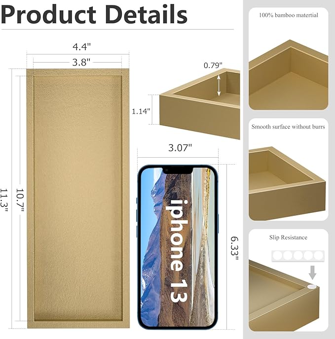 ZHWS Gold Bathroom Vanity Tray for Soap Dispenser, Perfume, Jewelry, Candle, Makeup, Decor, Toilet Tank Tray, Kitchen Tray for Spice, Salt, Coffee 11.3”L x 4.4”W x 1.14”H