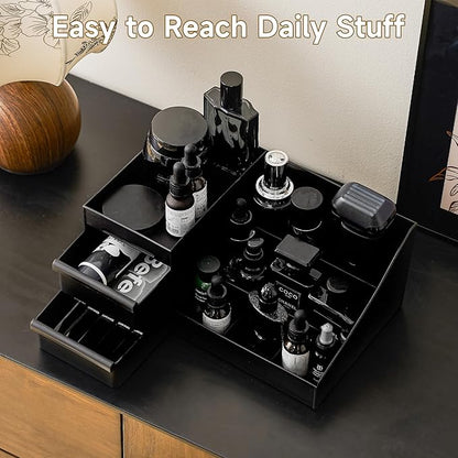 UFORU Large Black Vanity Organizer for Men, Countertop Cologne Organizer with Drawers, Perfume Stand & Mens Skincare Storage, Deodorant Display for Bathroom Bedroom Dresser, Ideal Gifts for Men