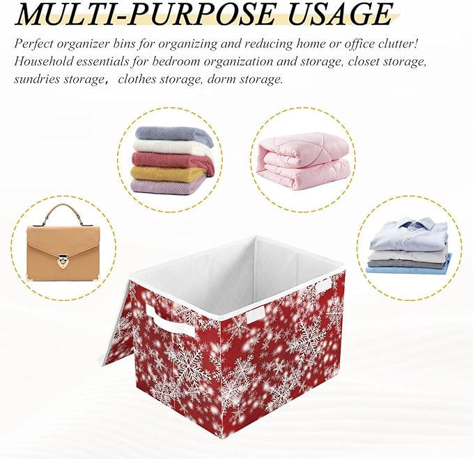 senya Christmas Baskets Collapsible Storage Bins with Lids, Christmas Background with Snowflakes Red Storage Boxes Clothes Baskets for Organizing