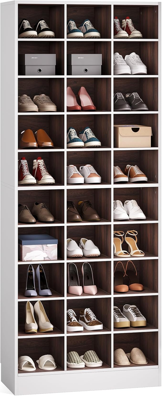 LITTLE TREE 70.9" Tall Shoe Rack, 10-Tier Freestanding Shelf, Max. Store 30 Pairs, Shoe Cabinet Organizer for Living Room, Entryway, Cloakroom, White + Brown