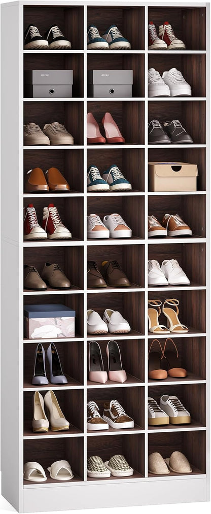 LITTLE TREE 70.9" Tall Shoe Rack, 10-Tier Freestanding Shelf, Max. Store 30 Pairs, Shoe Cabinet Organizer for Living Room, Entryway, Cloakroom, White + Brown