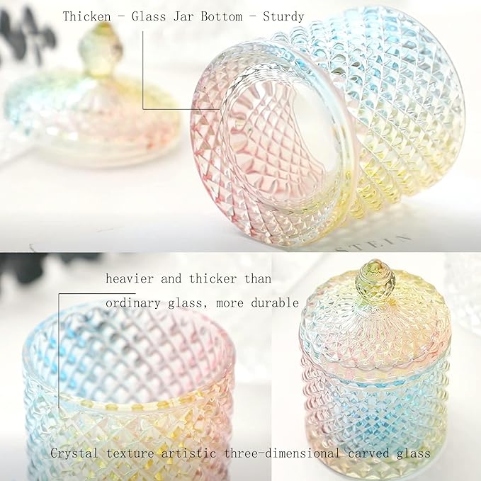 rejomiik Qtip Holder Glass Apothecary Jars with Lid Bathroom Accessories Vanity Organizers and Makeup Storage for Cotton Swabs, Makeup Sponges, Bath Salts, Canister Dispenser, 2 Pack Rainbow