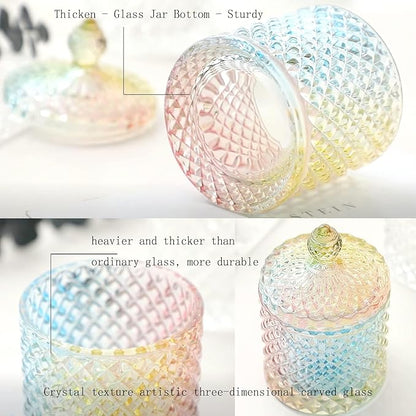 rejomiik Qtip Holder Glass Apothecary Jars with Lid Bathroom Accessories Vanity Organizers and Makeup Storage for Cotton Swabs, Makeup Sponges, Bath Salts, Canister Dispenser, 2 Pack Rainbow