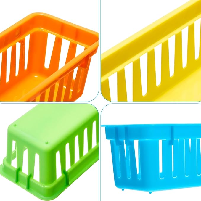 Domensi 12 Pack Slim Plastic Storage Baskets Tray for Organizing 10.25x3.25x2.5 Inch Small Narrow Storage Bins Stackable Drawer Pencil Trays Holder for Desk Garage Cabinet Container (Bright Color)