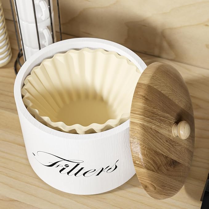 Wooden Coffee Filter Holder with Lid, Basket Storage Container for Counter, Black Small Bar Accessories for Coffee Bar Station(White Wooden)