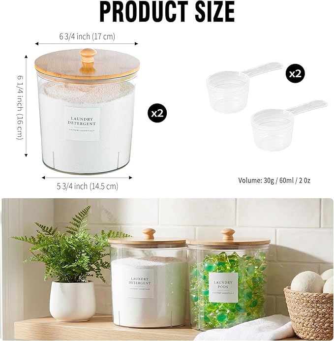 Laundry Room Organization Container, 2pcs Round Acrylic Laundry Pod Storage Containers, Dryer Sheet Holder Jars with Bamboo Lids and Labels for Scent Booster Powder Detergent Pods Storage