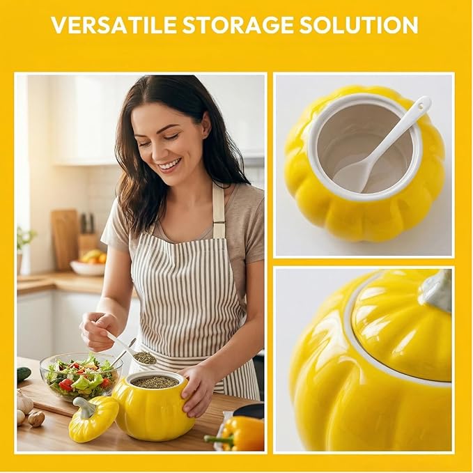 Ceramic Salt Cellar with Lid and Spoon, Salt Holder for Counter, Coffee, Sugar, Spices and Candies, Salt Containers for Countertop (yellow)