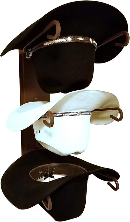 American Made 3 Cowboy Hat Rack, Wall Mount Three Tier Brimmed Hat Holder, Heavy Duty Powder Coated Steel, Rust Chisholm Trail Brown, Model 663 Classic CT