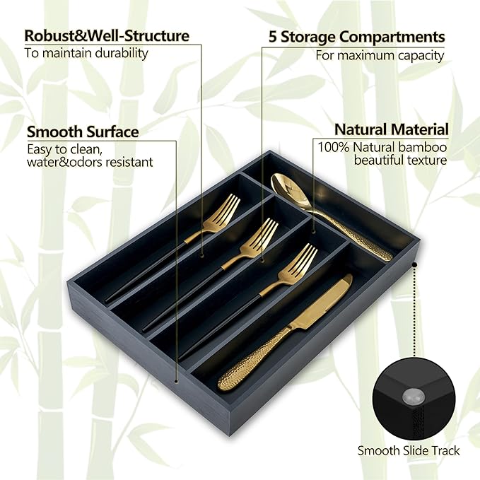 Silverware Organizer, 10 Inch Utensil Organizer Kitchen Drawer Organizer Bamboo Silverware Holder Cutlery Tray Organizer in Drawer Flatware Organizer Tray(5 slots, Black