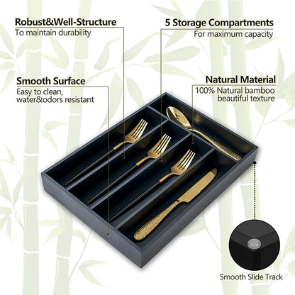 Silverware Organizer, 10 Inch Utensil Organizer Kitchen Drawer Organizer Bamboo Silverware Holder Cutlery Tray Organizer in Drawer Flatware Organizer Tray(5 slots, Black