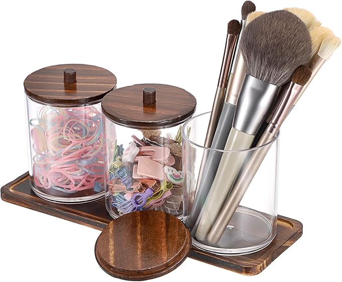 3 Packs Acrylic Cotton Swab Holder Qtip Holder Bathroom Accessories Storage Container with Tray Qtip Dispenser with Lid for Dental Floss