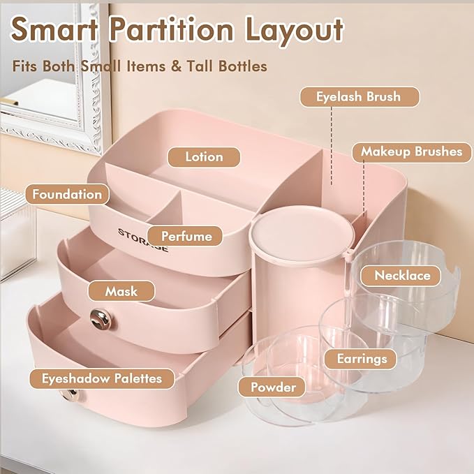 XIAPIA Makeup Organizer Countertop, Make Up Organizer for Vanity, Skincare & Cosmetic Organizers with Drawers, Bathroom Organizers Storage for Brush Holder|Lipstick|Jewelry, Ideal Gift for Women PINK