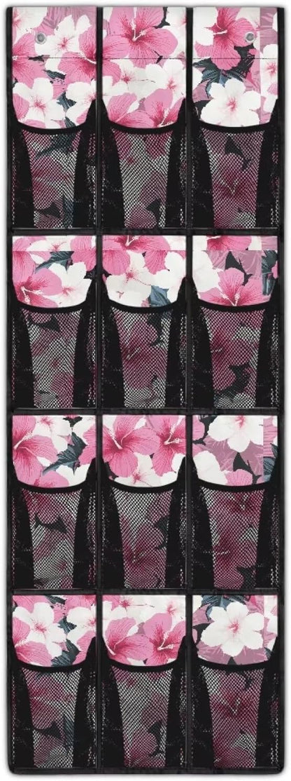 Pink Flower Over The Door Shoe Organizer,Hanging Shoe Organizer for Door with 12 Mesh Pockets,Breathable Organizer Storage Bag,Shoe Rack for Door Sneaker Hanger Boot Storage