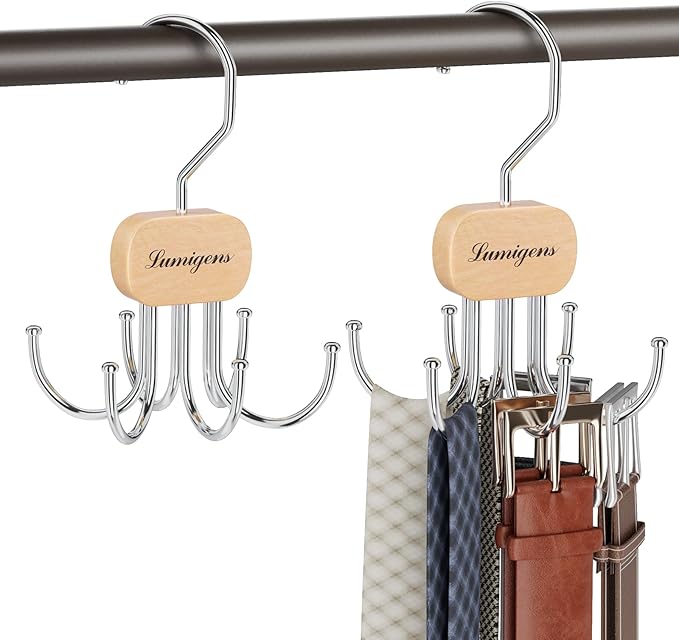 Belt Hanger, Belt Organizer for Closet,Rotatable Tie Rack,Belt Holder,Hanging Closet Storage Hook for Belt, Bra, Tank Top, Tie, Scarf, Purse,2PCS,Natural