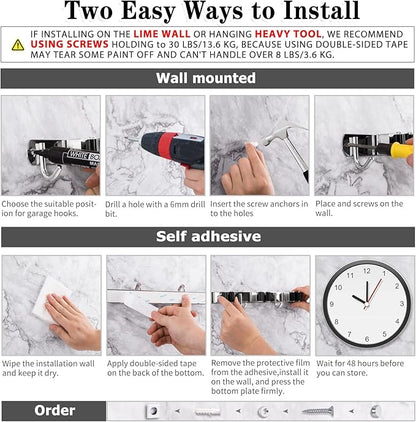 2 Pack Mop and Broom Holder Wall Mount, 5 Racks and 4 Hooks Broom Organizer Storage Tool Racks Stainless Steel Heavy Duty Hooks Self Adhesive Solid Non-slip for Home Kitchen Garden Laundry Garage