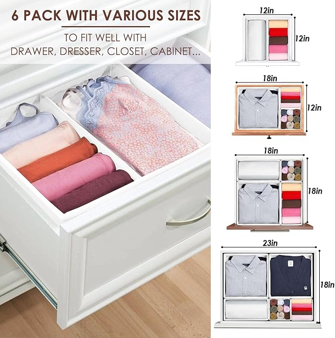 Criusia 6 Pack Clothes Drawer Organizer, Fabric Foldable Closet Dresser Drawer Organizer for Clothing, Bra Sock Underwear Drawer Organizer for Nursery Dorm Bedroom Organization (6 Bins, White)