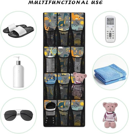 Multi-Pocket Over the Door Organizer, 12 Mesh Pockets Storage Hanging Bag Behind the Door for Shoes Toys and Cleaning Supplies, Fabric Door Organizer for Bedroom Bath, Dinosaur Print
