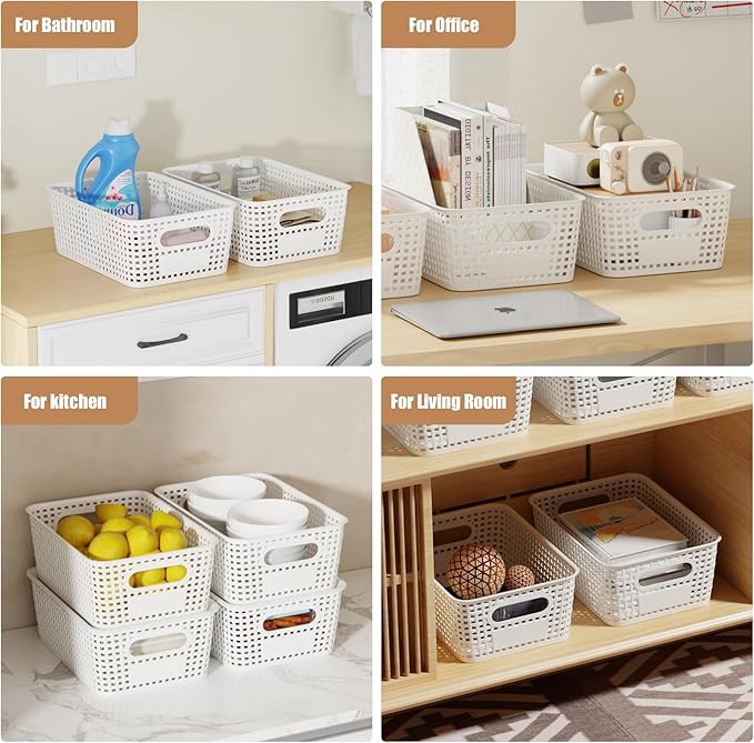 8 Pcs Plastic Storage Baskets with Plastic Lids and Labels 5.29qt Stackable Box Basket Pantry Decorative Containers, Small Storage Bins for Desktop Shelves Drawers Closets Office Cabinets 10*7.2*4.1"