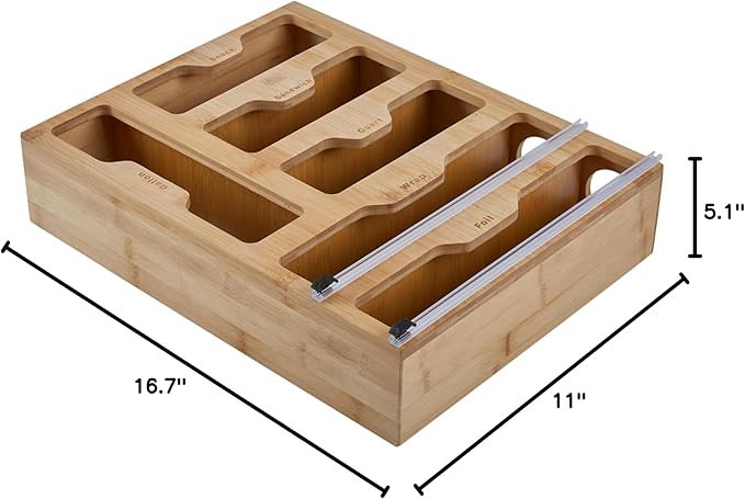 Kitchen Details Drawer Organizer | Multiple Food Storage Bag Compartments | Stores Up to 6 sizes | Kitchen Organization | Built In Slide Cuttlers | Bamboo