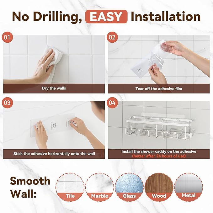 YASONIC Shower Caddy Adhesive 2-Pack, Rustproof Shower Organizer with Holder, No-Drill Shower Shelves for Inside the Shower, Large-Capacity Bathroom Organizers and Storage for Dorms & Renters, Silver