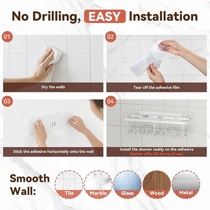 YASONIC Shower Caddy Adhesive, 5 Pack Rustproof Bathroom Shower Organizer, No Drill Shower Shelves for Inside Shower with Soap and Toothbrush Holder, Large Capacity Bathroom Storage, Silver