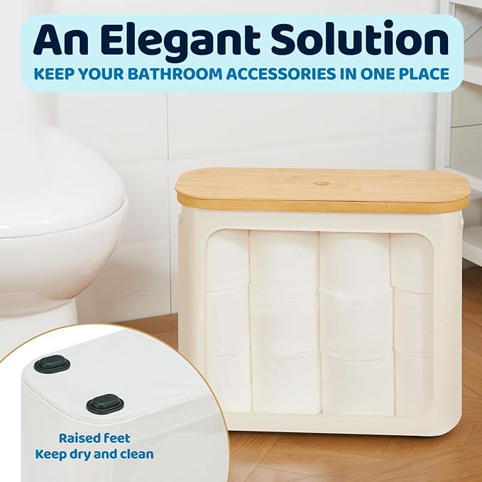 Toilet Paper Storage with Lid, Large Toilet Paper Holder for up to 12 Rolls, Free Standing Bathroom Storage Organizer with Lid, Beige