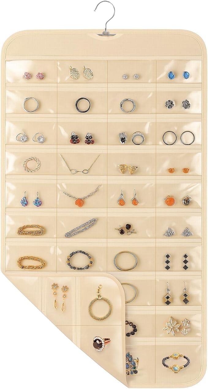 1 Pack Hanging Jewelry Organizer, 80 Clear Pockets earring organizer and storage, Accessories holder organizer for Closet, Jewelries, Necklace, Travel