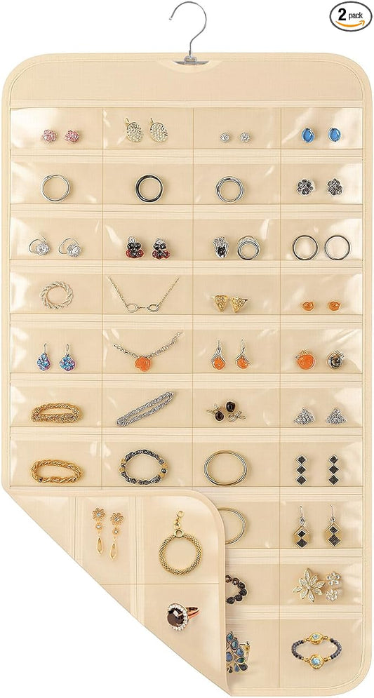2 Pack Hanging Jewelry Organizer, 80 Clear Pockets earring organizer and storage, Accessories holder organizer for Closet, Jewelries, Necklace, Travel