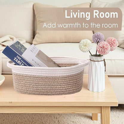 JMvicyroam Woven Basket,Small Rope Storage Bin with Handles & Ribbon Bag, Organizer for Shelves Closets,Gift Basket Empty for Birthday,Books,Dog Toys, White&Oatmeal/2 Pack