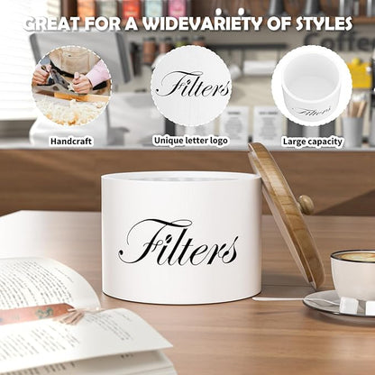Coffee Filter Holder, Wooden Coffee Filter Storage with Lid, Round CoffeeFilterContainer for Counter, Rustic Farmhouse Bar Accessories Decor (White)