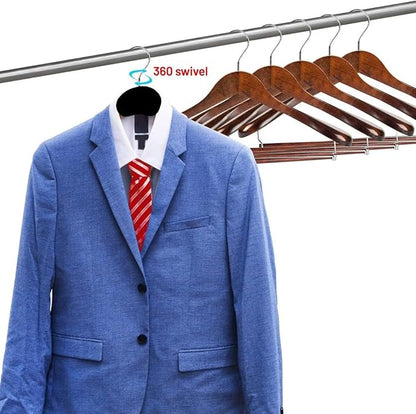 DEILSY Wide Shoulder Wooden Suit Hangers with Non-Slip Pants Bar & 360° Swivel Hook - Smooth Finish Coat Hangers for Men and Women - Heavy Duty Clothes Hanger – Pack of 6