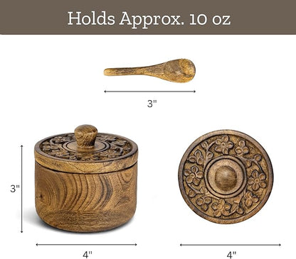 Mie Creations Rustic Salt Box Cellar with Hand Carved Lid & Spoon, Wooden Salt Pinch Bowls | Wood Salt Pepper Keeper, Spice Bowls for Cooking, Sugar Holder for Kitchen, Christmas Thanksgiving Decor