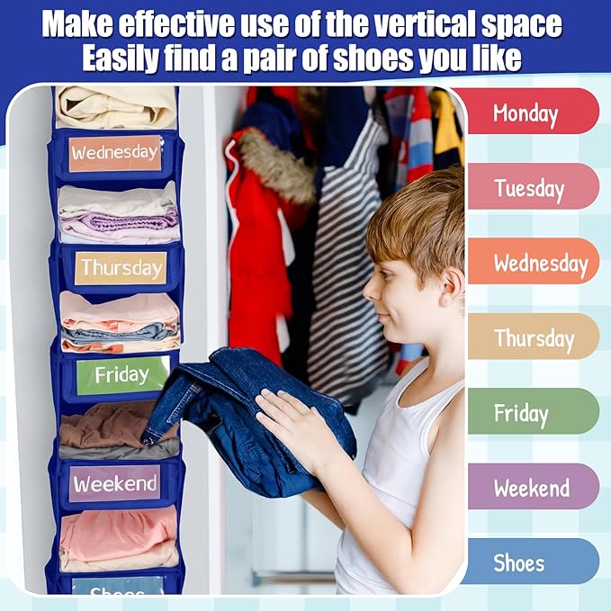 2 Pack 7 Shelf Weekly Clothes Organizer Hanging Closet for Kids with Side Pockets Weekday Shoes Rack Weekly Clothes Organizers Monday Through Weekend Foldable Storage Shelves (Dark Blue)