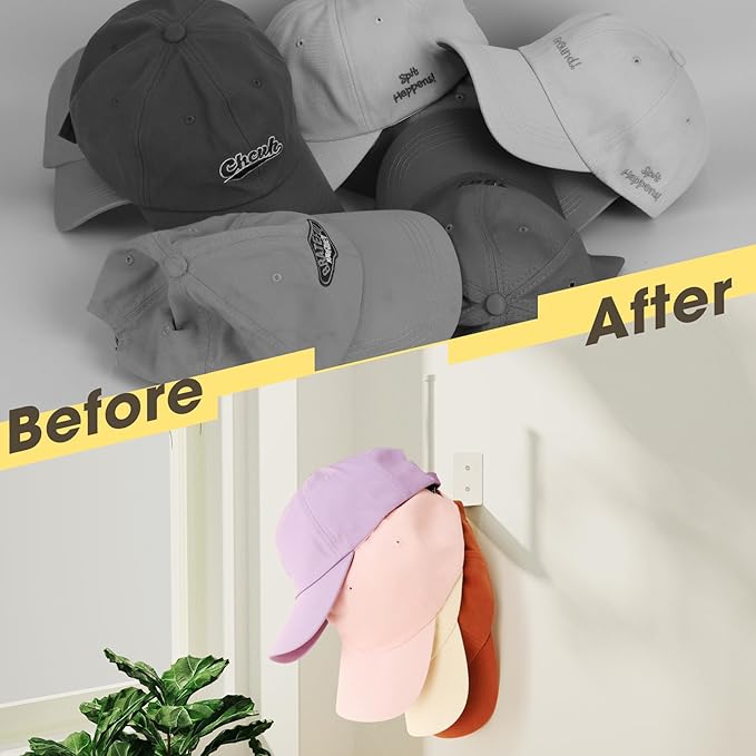 Durmmur 4 Pack Hat Racks for Baseball Caps, Stainless Steel Hat Organizer for Baseball Cap, Hat Holder Storage Organizer, Hat Hanger Strong Adhesive/Wall Drilled for Door, Bedroom, Closet(White 6 in)